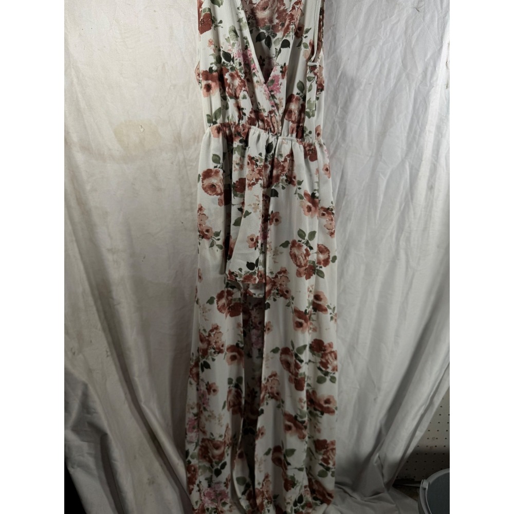 X-T-O-O Floral Maxi Dress Cream Pink Rose High Low Surplice V-Neck Sleeveless